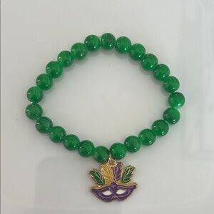 Green Beaded Mardi Gras Bracelet with Mask Charm